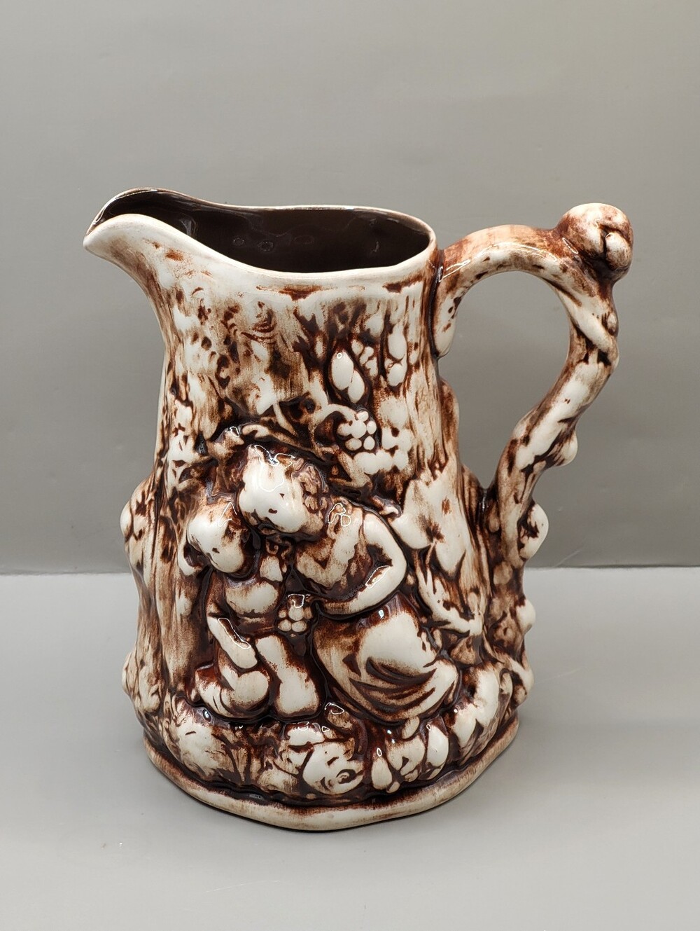 Vintage 1973 Pottery Pitcher Brown Drip Glaze Rustic Jug 3D Handmade 7"